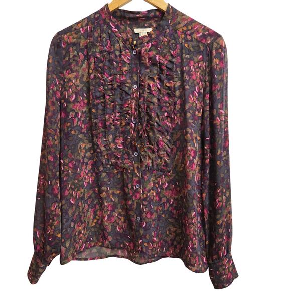 J.Crew Women Whimsigoth Romantic 2010s Sheer Silk Floral Ruffle Button-Up Top 8 - Picture 2 of 11